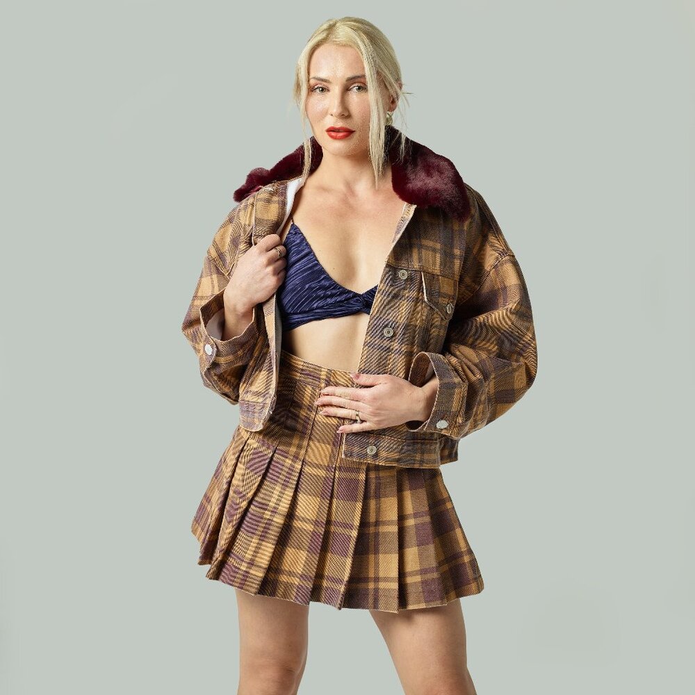 Sunset Denim Pleated Plaid Mini Skirt Brown/Tan S,M,L